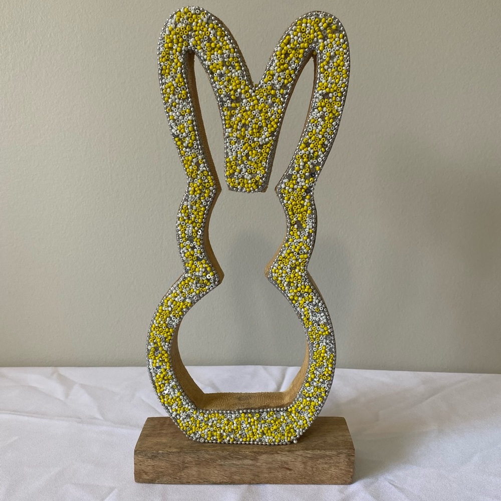 Yellow and White Beaded Wooden Bunny Decor